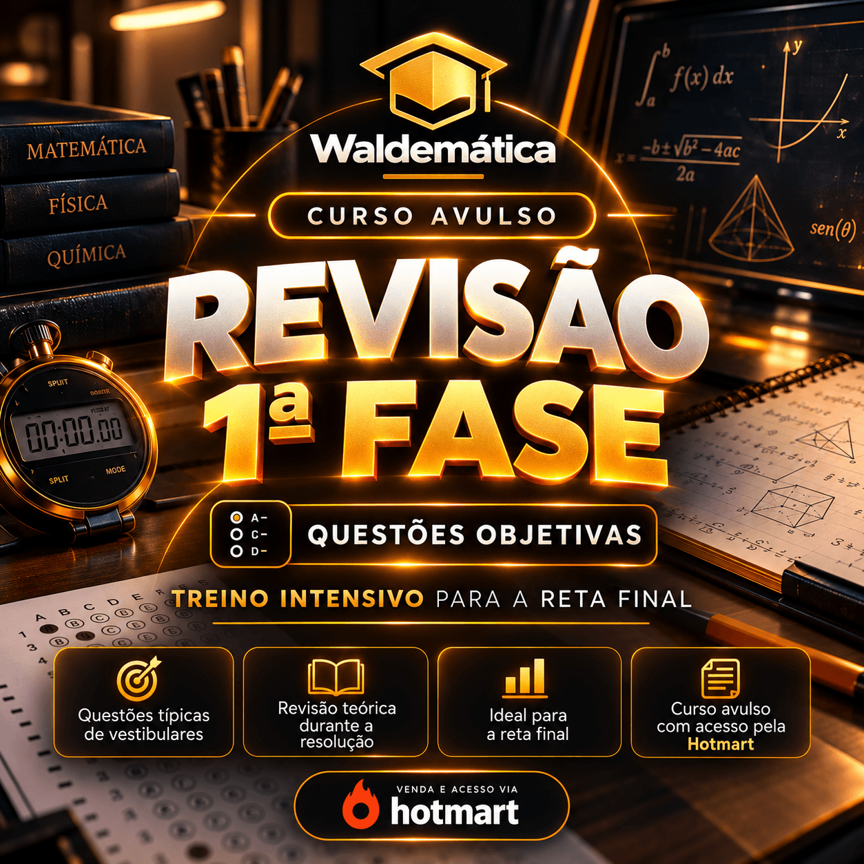 Prova objetiva de Matemática com cartão-resposta, cronômetro e questões de vestibular.
