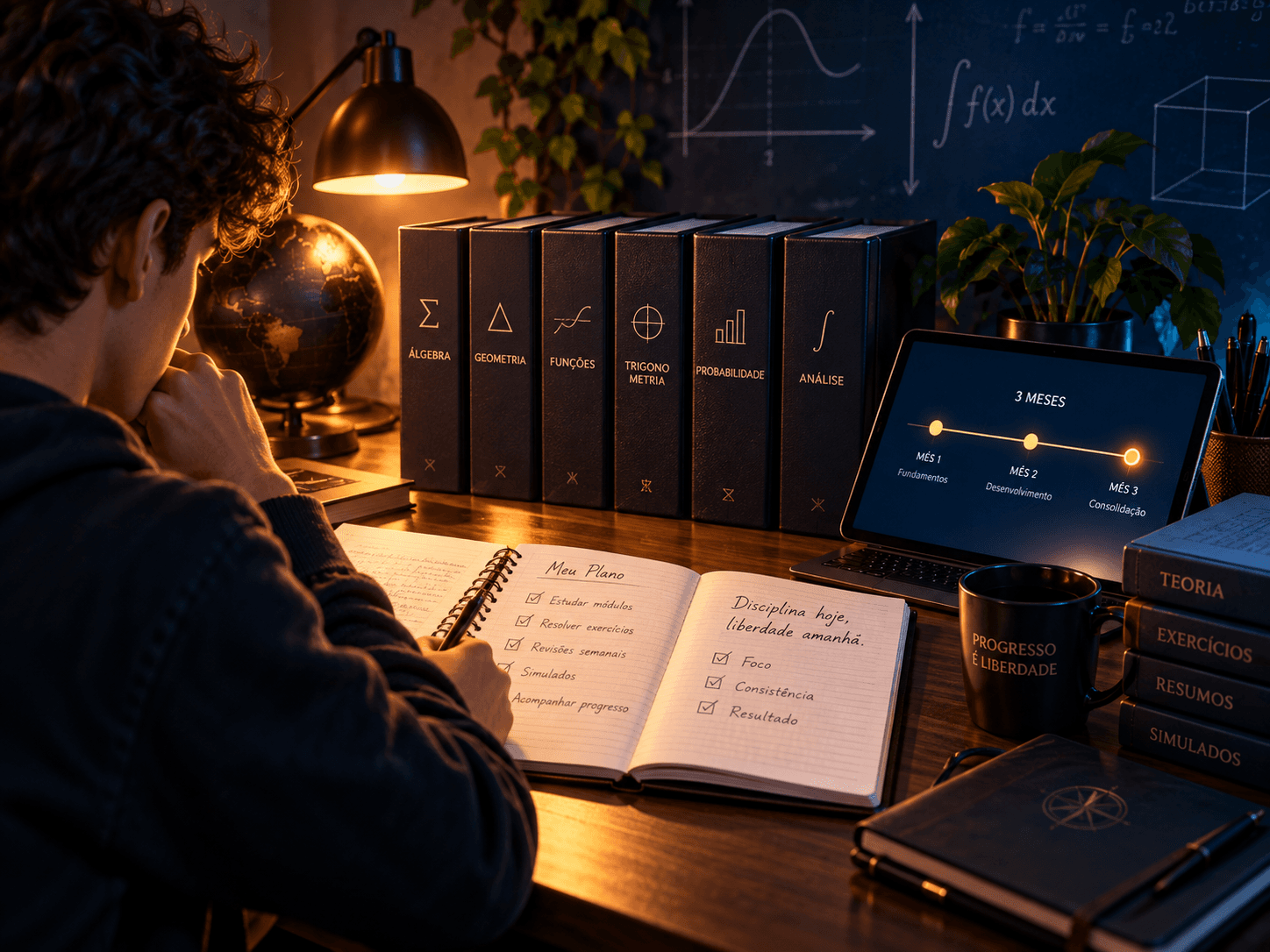 Plano de estudos de Matemática organizado em três meses para estudo por setores.