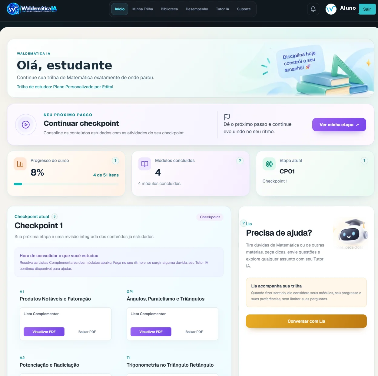 Tela inicial real da Waldemática IA com próximo checkpoint, progresso e atalho para o Tutor IA.