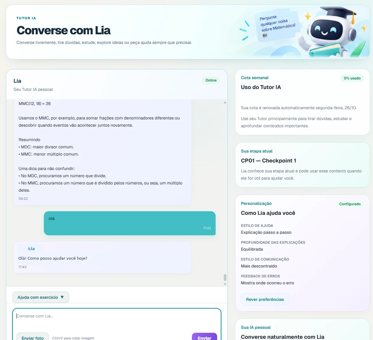 Demonstração do Tutor IA Lia na Waldemática, com conversa e preferências de ajuda.