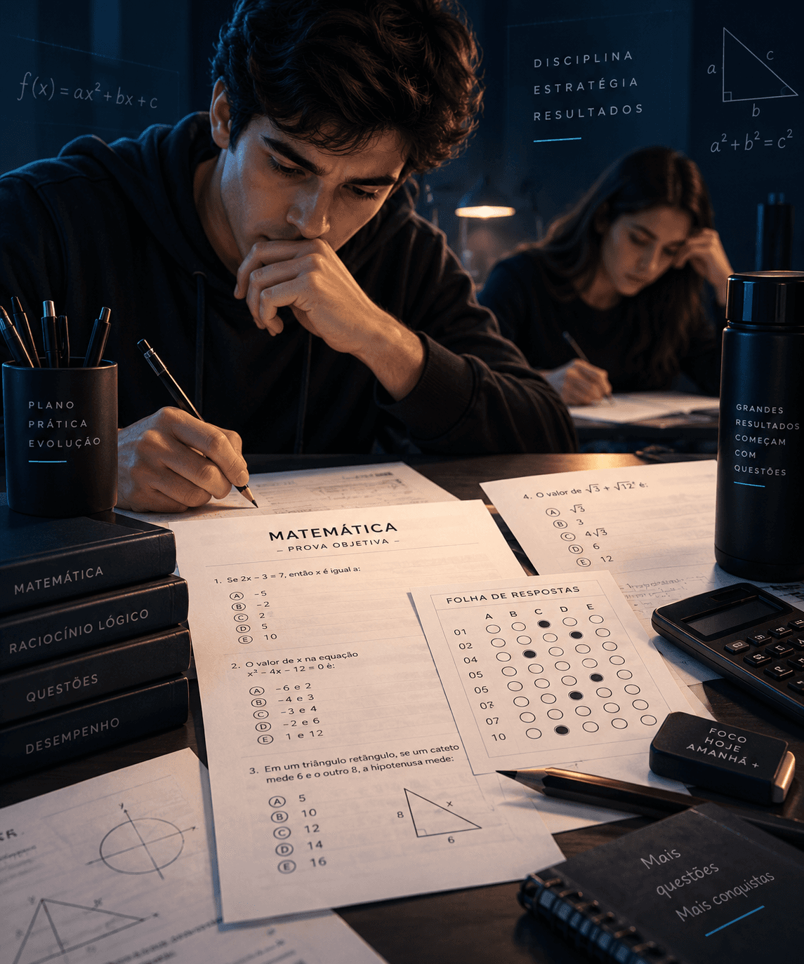 Alunos realizando prova objetiva de Matemática com folhas, questões e ambiente de vestibular.