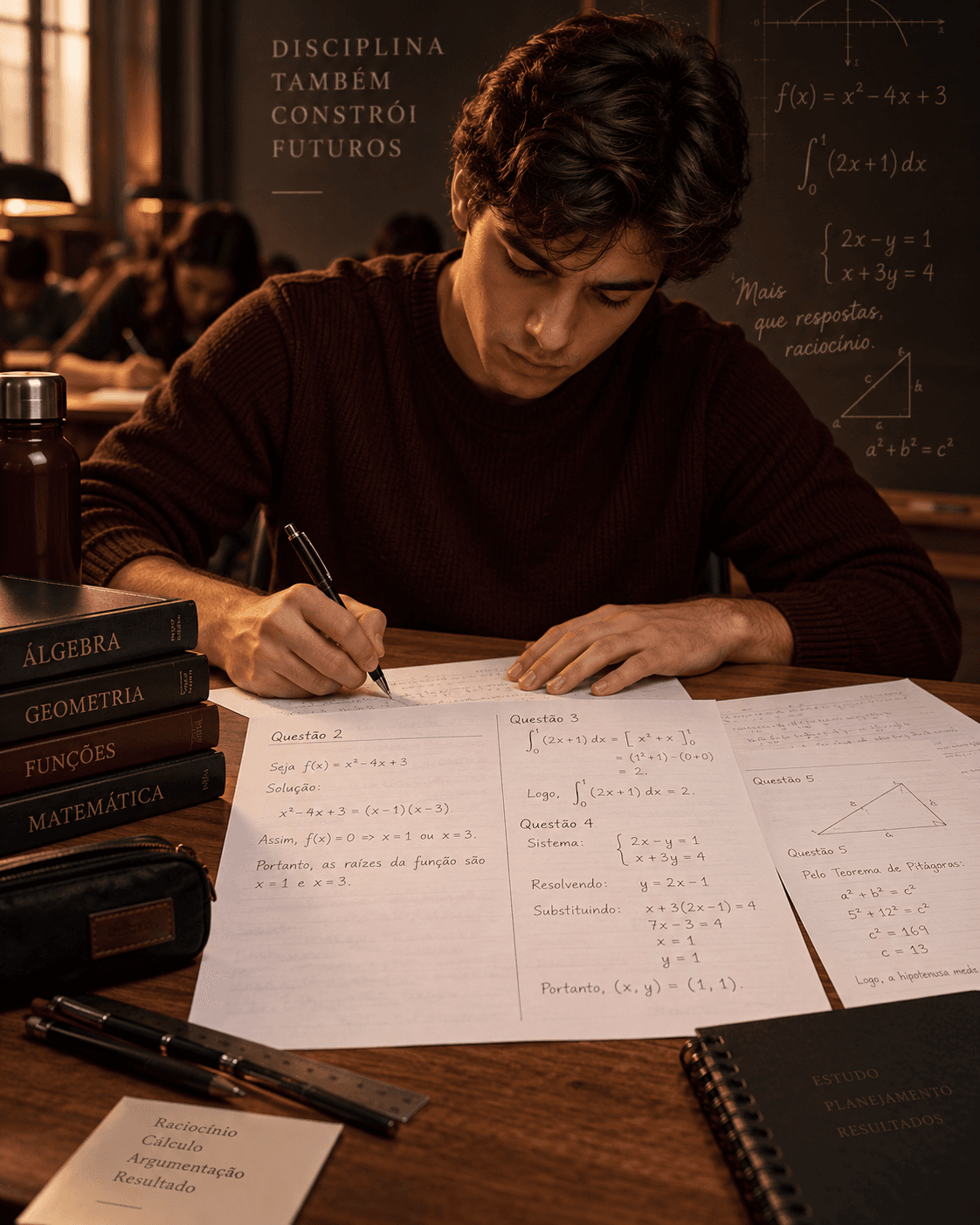 Estudante resolvendo prova dissertativa de Matemática à mão, com folhas de resolução e ambiente sério de vestibular.