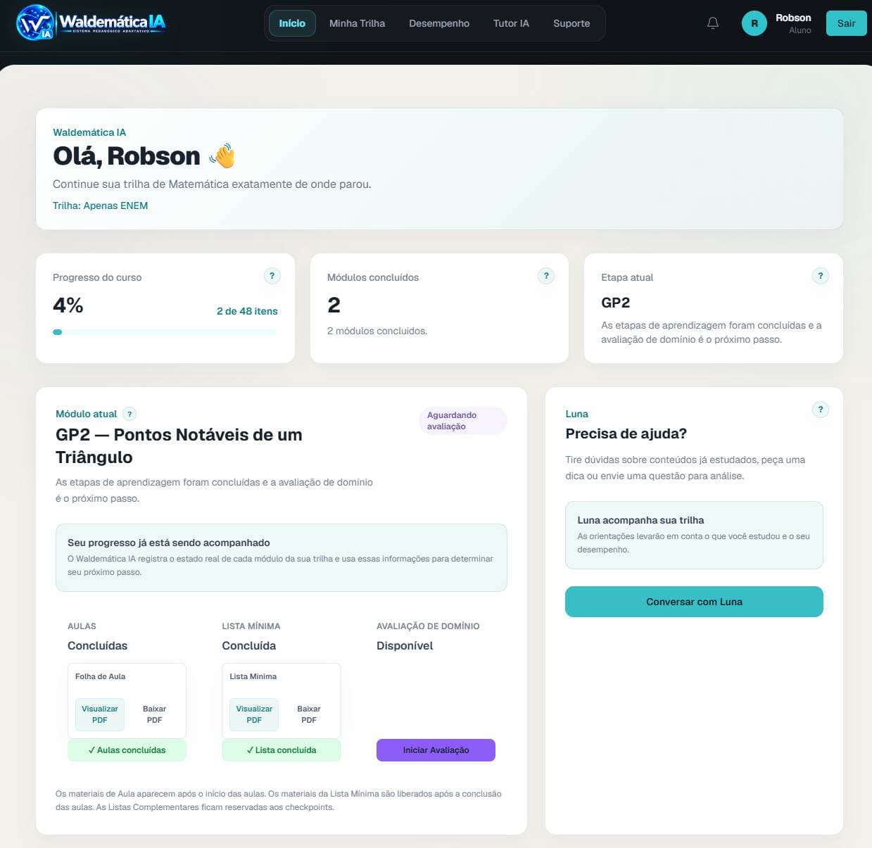 Dashboard atual da Waldemática IA
