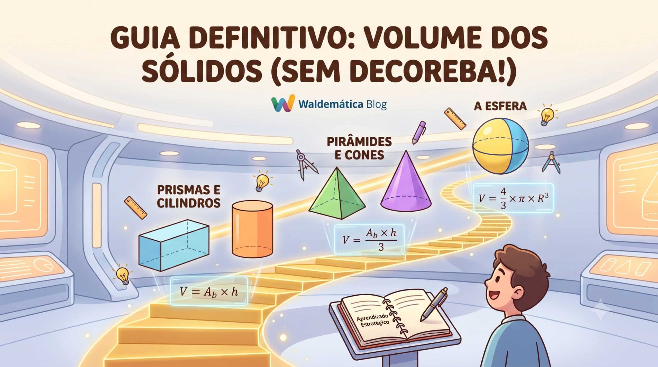 Um estudante cartunesco sorridente olha para cima em admiração, seguindo a trilha de conhecimento dourada, com as mãos apoiadas em um caderno aberto que diz 'Aprendizado Estratégico'