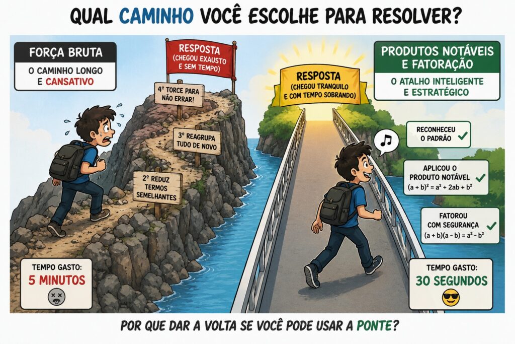 Ilustração comparando um caminho longo e cheio de obstáculos chamado 'força bruta' com uma ponte reta e rápida chamada 'produtos notáveis e fatoração'.