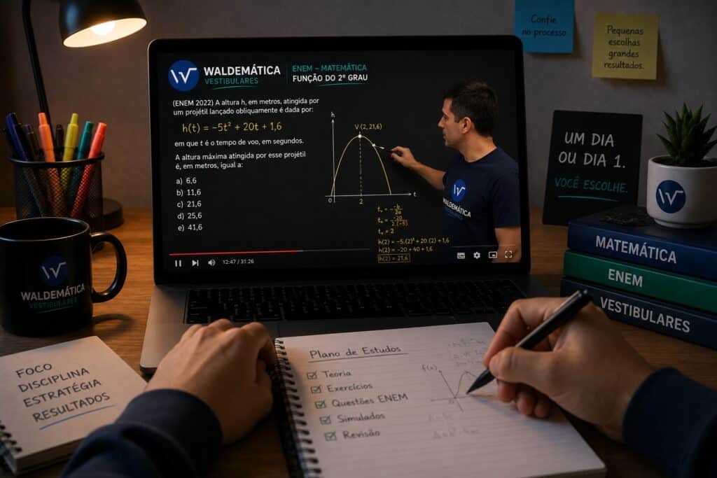 Tela de notebook exibindo uma aula de matemática online focada em resolução de questões do ENEM.