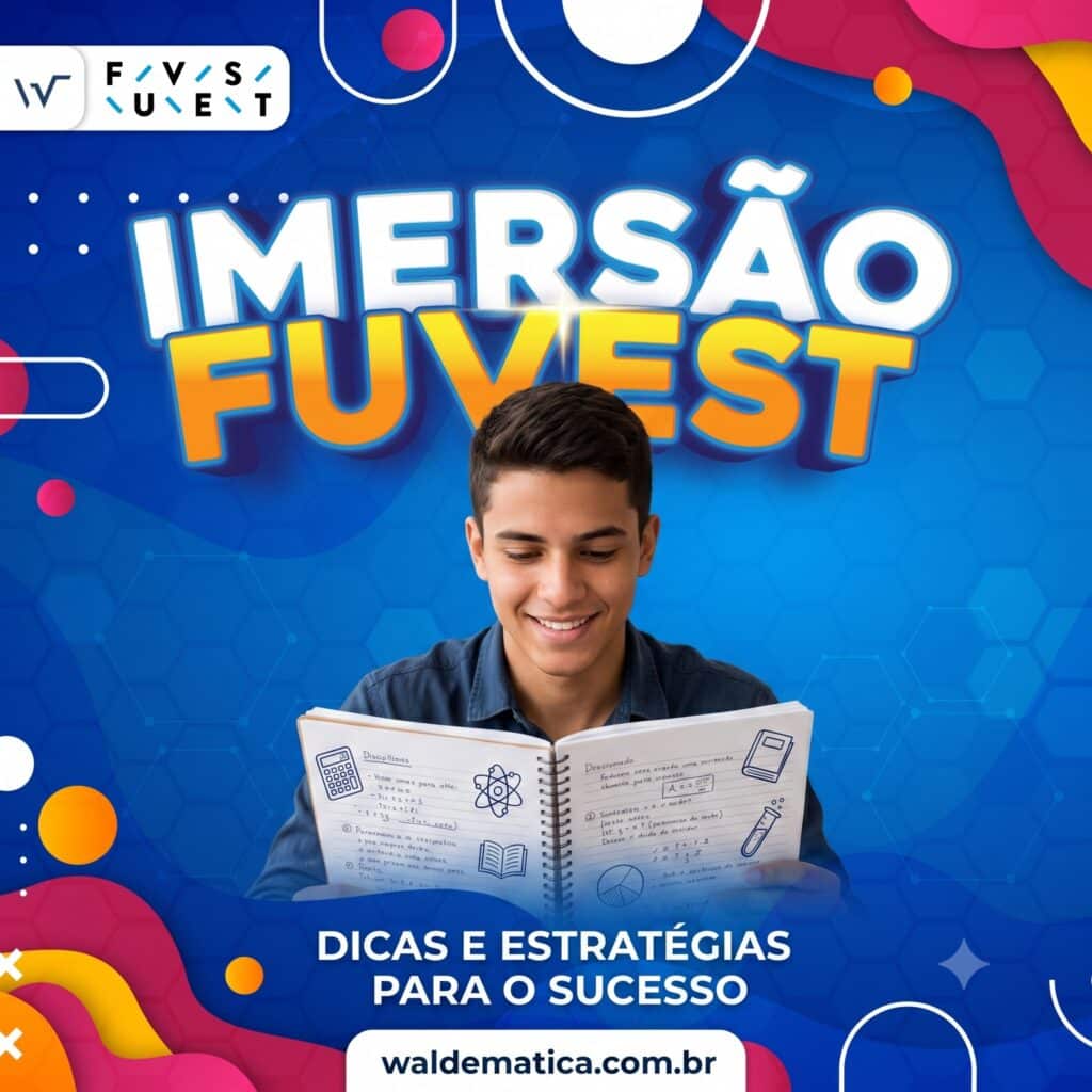 Jovem estudante focado e sorrindo enquanto lê um caderno, com o letreiro Imersão Fuvest, destacando dicas e estratégias de matemática no padrão visual azul do canal Waldemática.