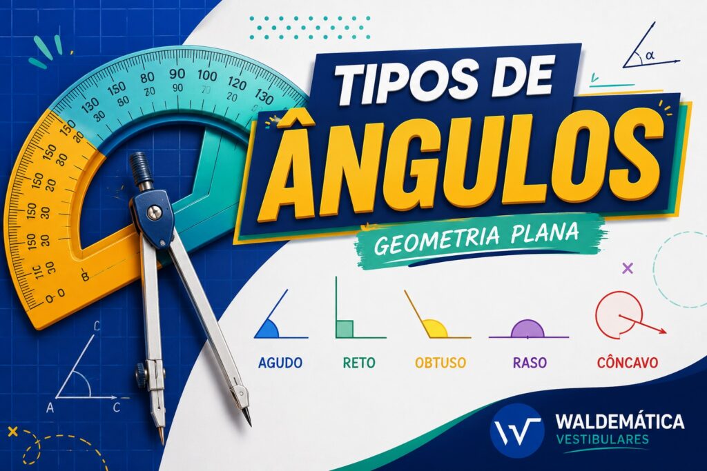 Ilustração colorida com um transferidor e o título tipos de ângulos para aula de geometria plana.