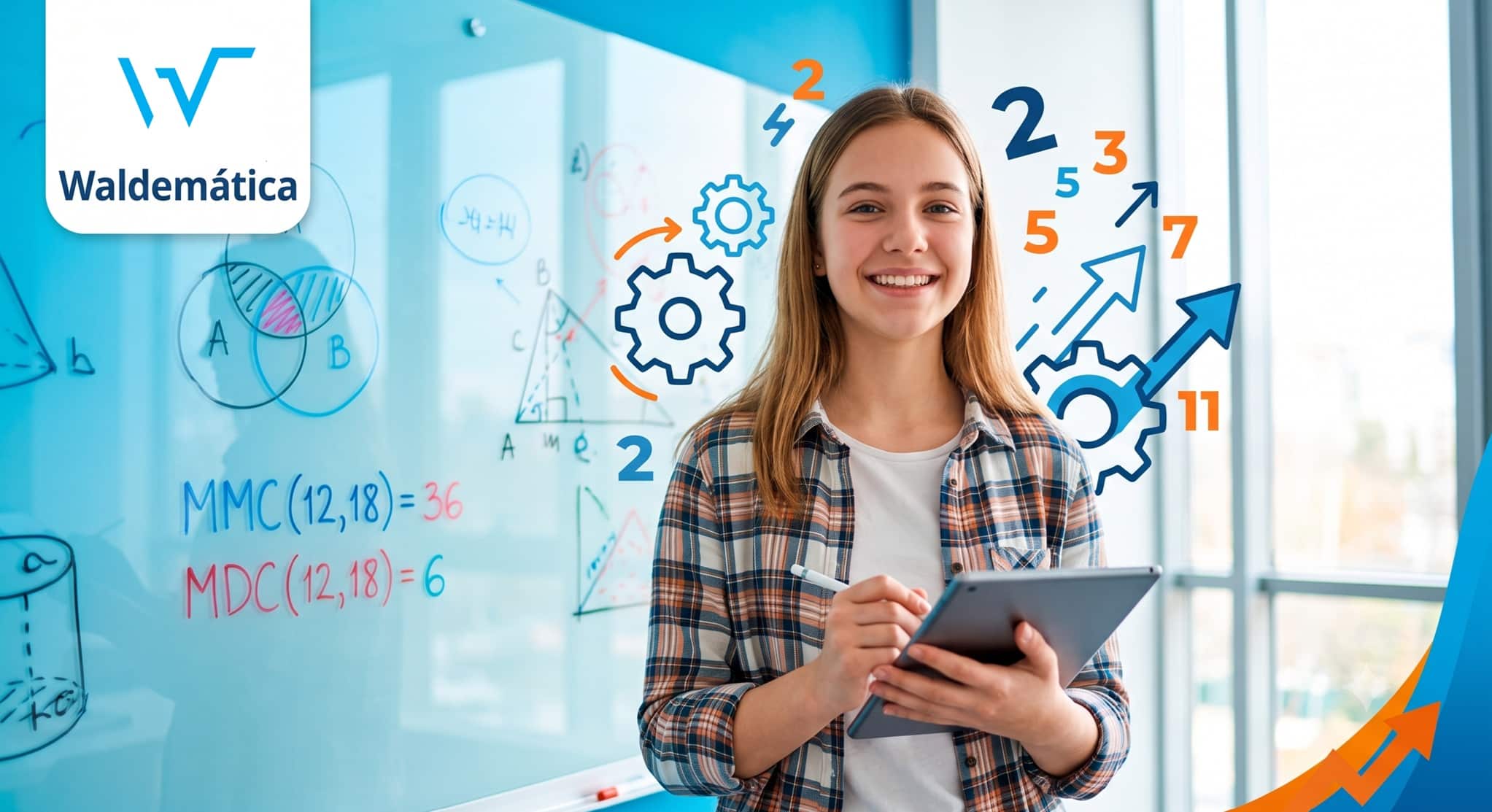 Estudante sorrindo ao lado de símbolos matemáticos com o logo da Waldemática, ilustrando o aprendizado de MMC e MDC.