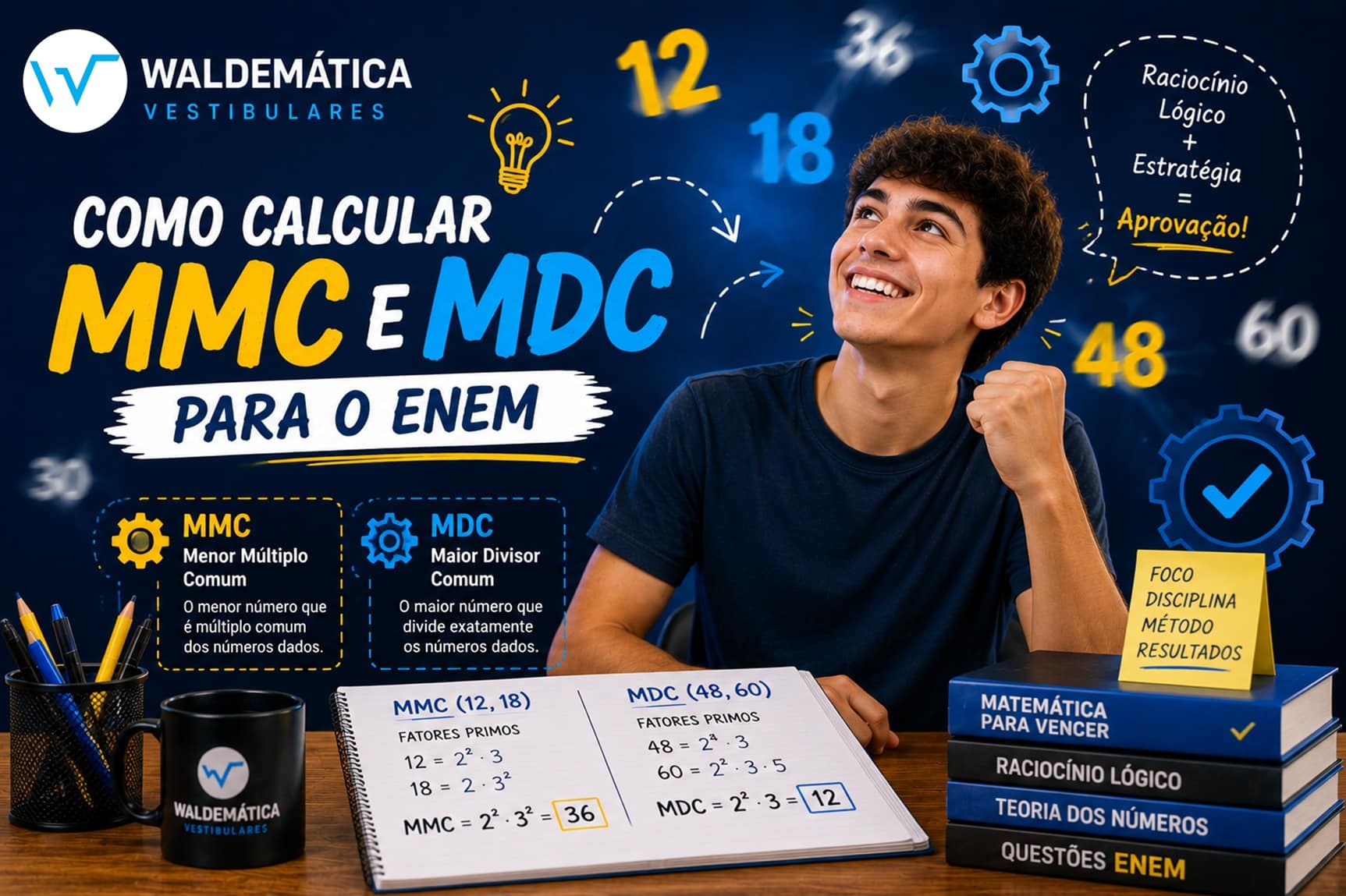 Estudante sorrindo ao lado de símbolos matemáticos com o logo da Waldemática, ilustrando o aprendizado de MMC e MDC.