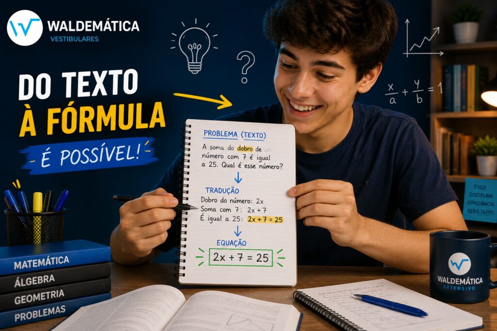 Estudante sorrindo ao conseguir interpretar e montar a equação de um problema de matemática em seu caderno.