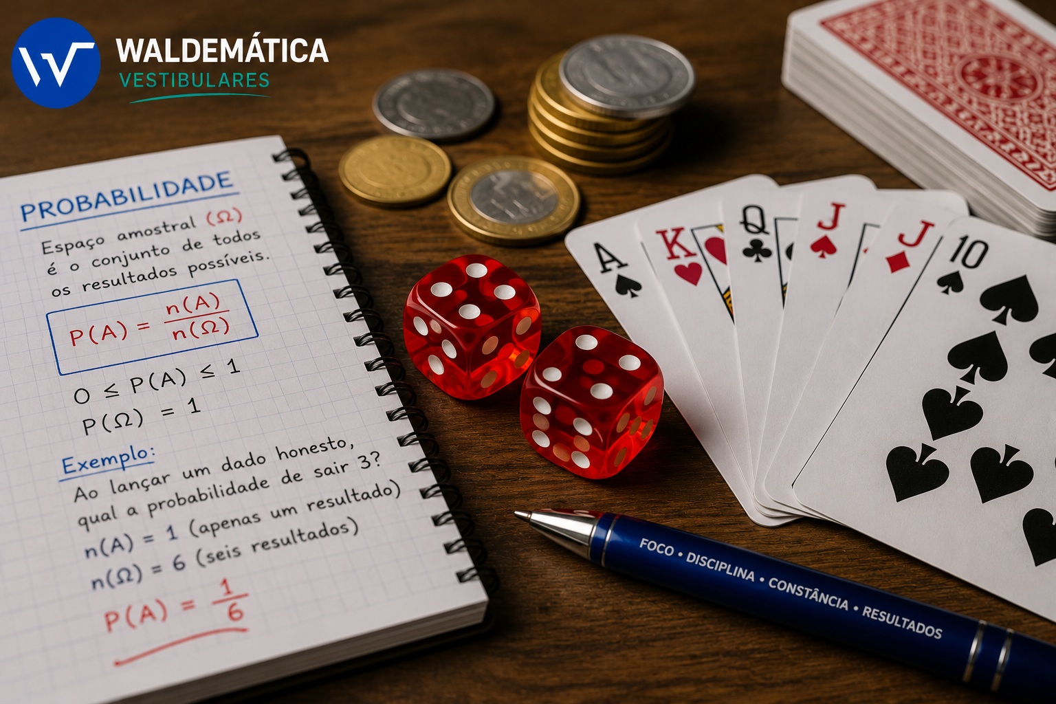 Dois dados vermelhos e cartas de baralho espalhados sobre uma mesa de madeira.