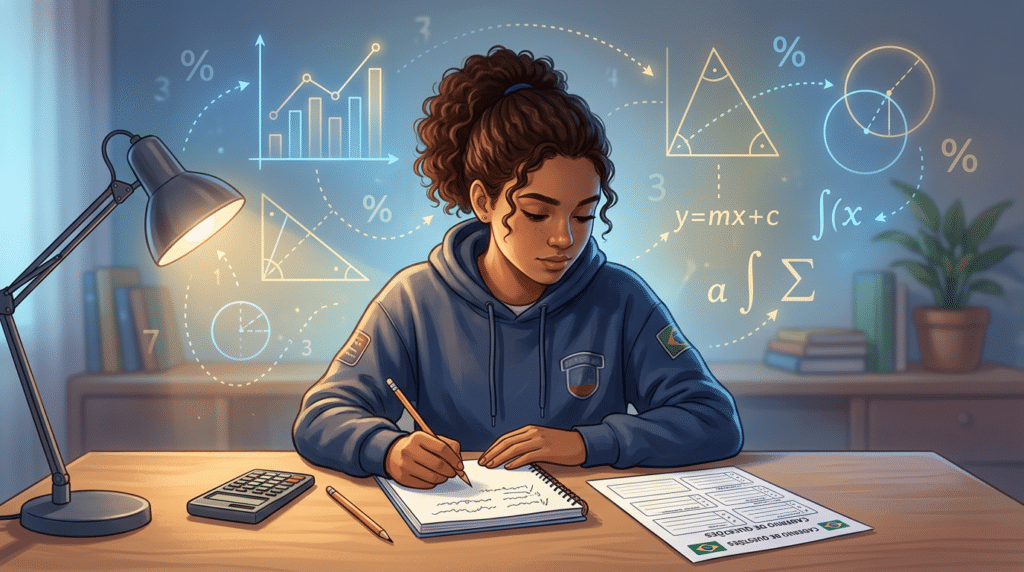 A Divisão da Matemática Atual: O Mapa para Vencer o ENEM e os Vestibulares 2 Menina estudando para o enem em uma escrivaninha com uma luminária e atrás dela vários gráficos e expressões matemática.
