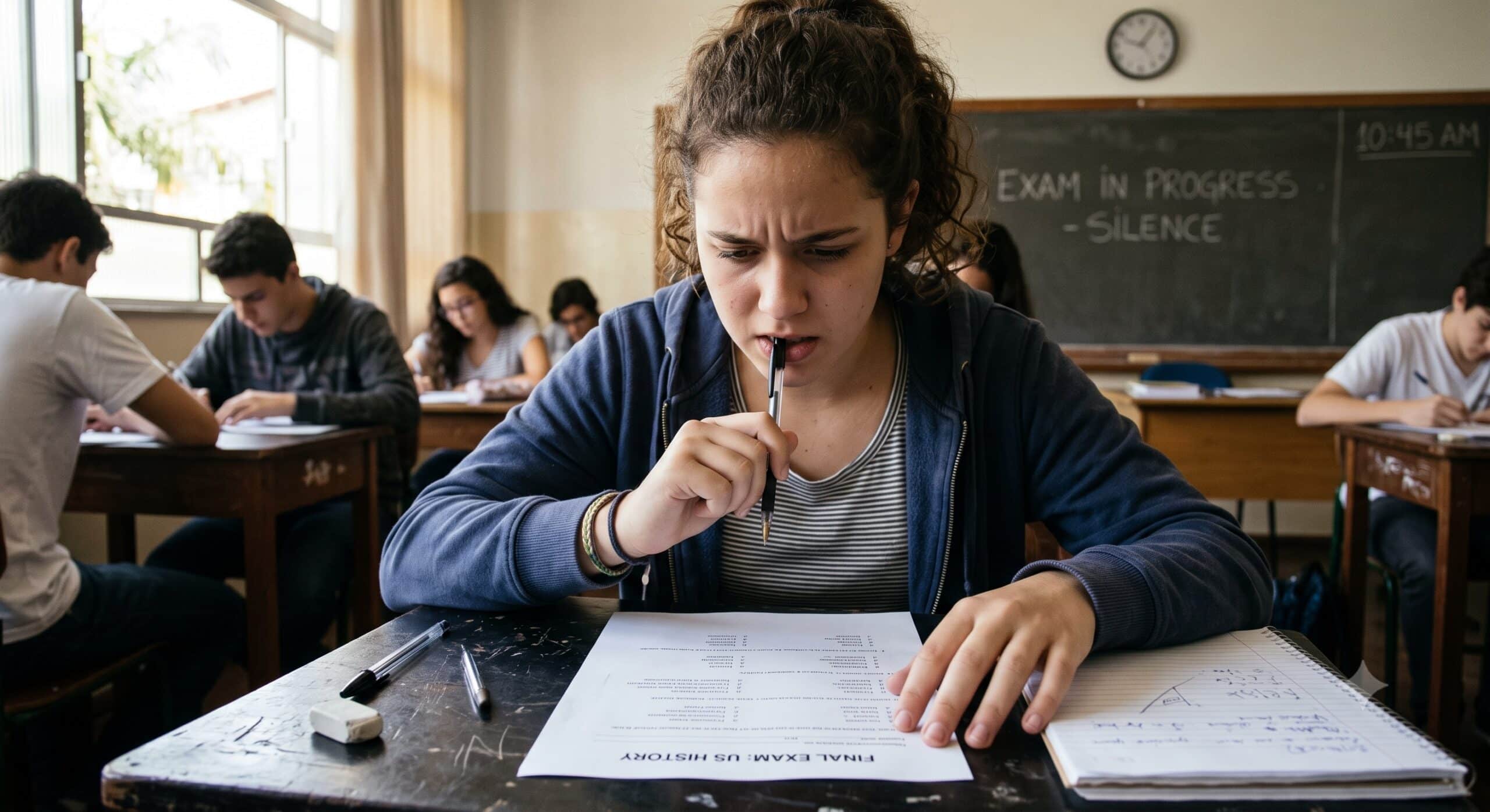Jovem estudante com expressão preocupada fazendo uma prova em uma mesa de madeira, representando os erros comuns cometidos no ENEM.