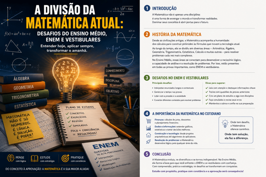 A Divisão da Matemática Atual: O Mapa para Vencer o ENEM e os Vestibulares 1 Infográfico mostrando as áreas da Matemática no Ensino Médio, com foco em Álgebra, Geometria e Trigonometria