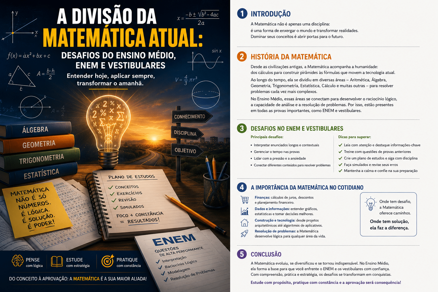 A Divisão da Matemática Atual: O Mapa para Vencer o ENEM e os Vestibulares 2 Infográfico mostrando as divisões da matemática atual com foco no ensino médio, enem e vestibulares