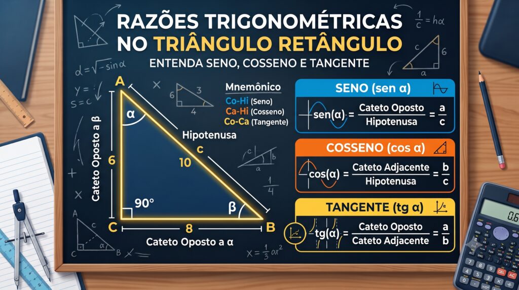Ilustração moderna e didática de um triângulo retângulo com indicações de ângulos, representando o estudo de matemática para o Enem e vestibulares.