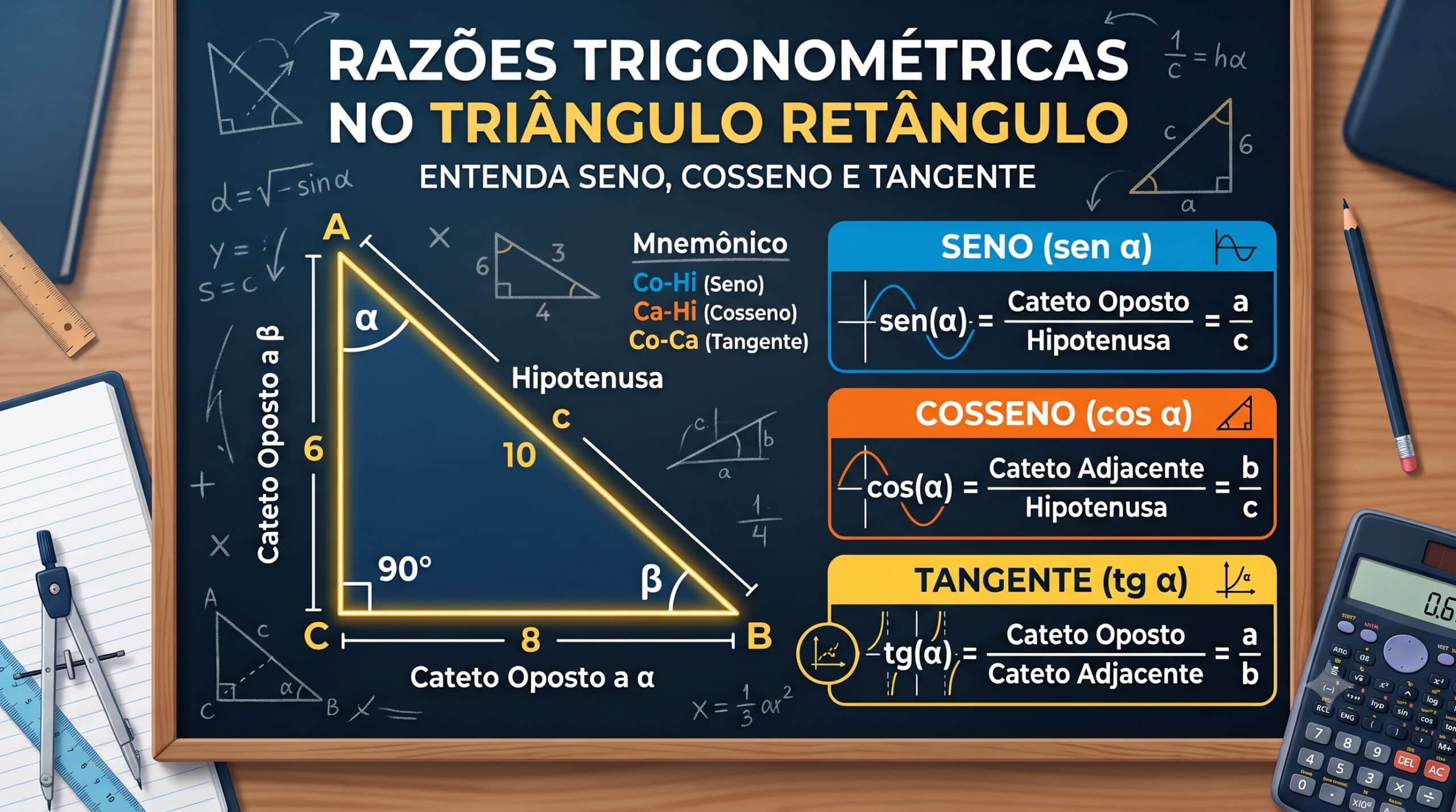 Ilustração moderna e didática de um triângulo retângulo com indicações de ângulos, representando o estudo de matemática para o Enem e vestibulares.