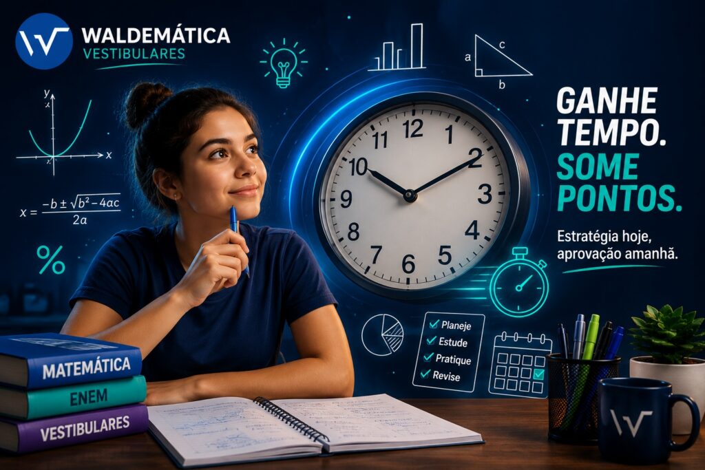 Estudante confiante segurando um lápis, com um relógio ao fundo indicando estratégias para ganhar tempo na prova de matemática.