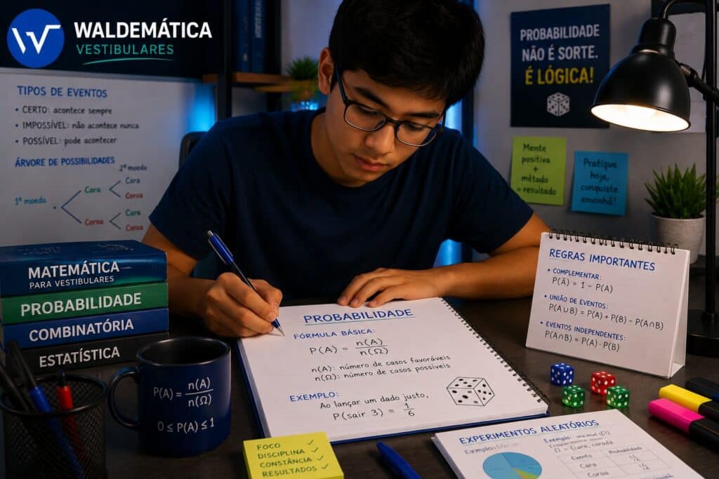 Estudante concentrado resolvendo exercícios de probabilidade em um caderno, com o logo do site Waldemática no canto.