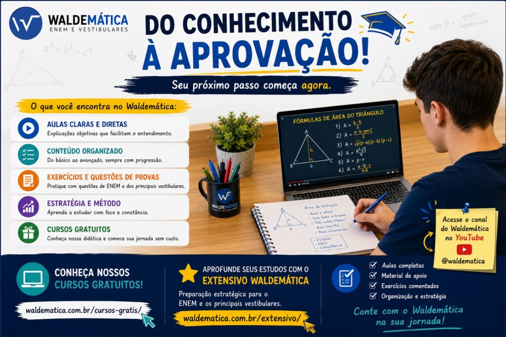 Estudante assistindo a uma videoaula de Geometria sobre triângulos enquanto faz anotações em um caderno.