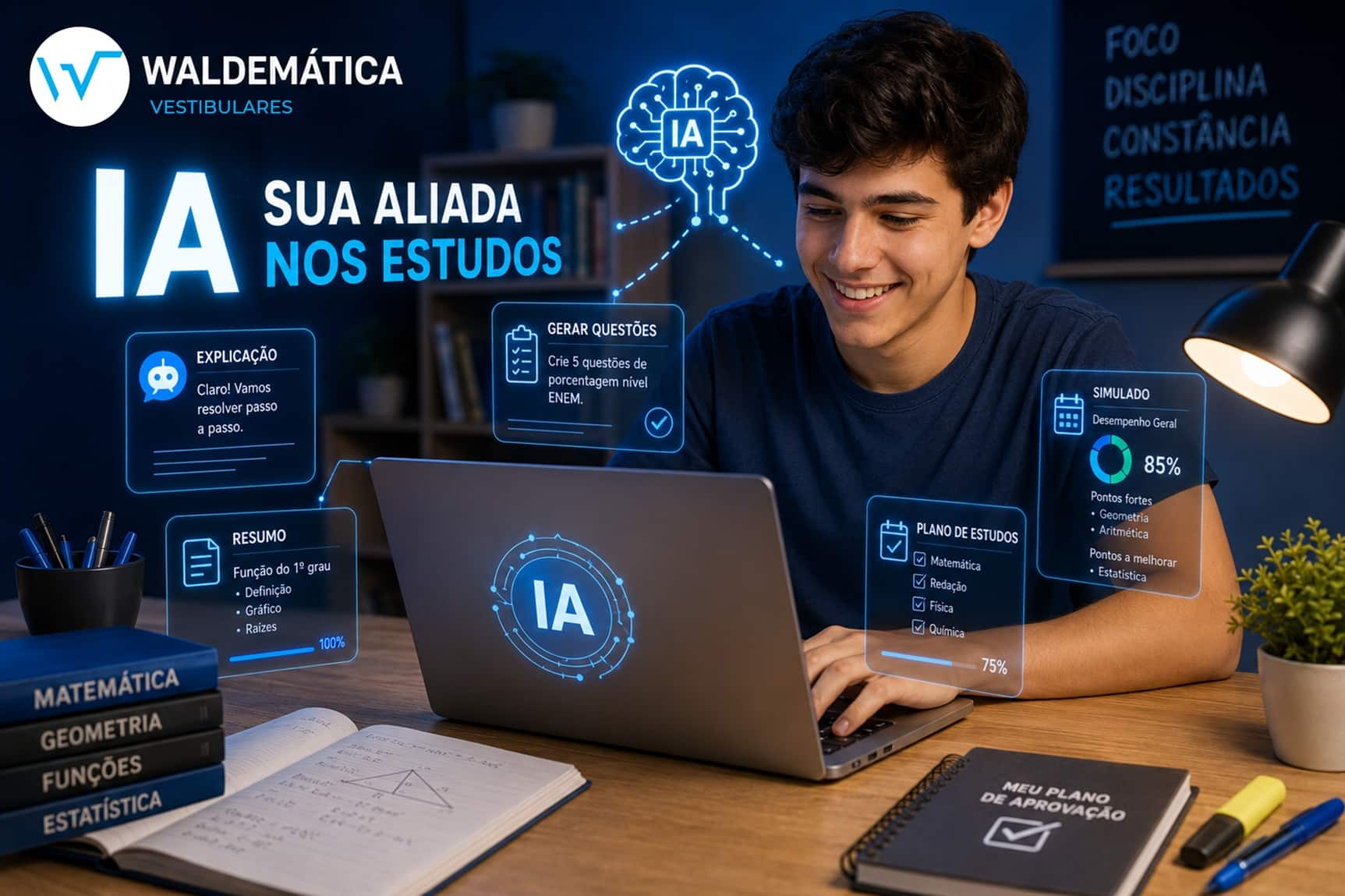 Estudante sorrindo enquanto usa um notebook com elementos gráficos de inteligência artificial flutuando na tela, com o logo da Waldemática no canto superior.