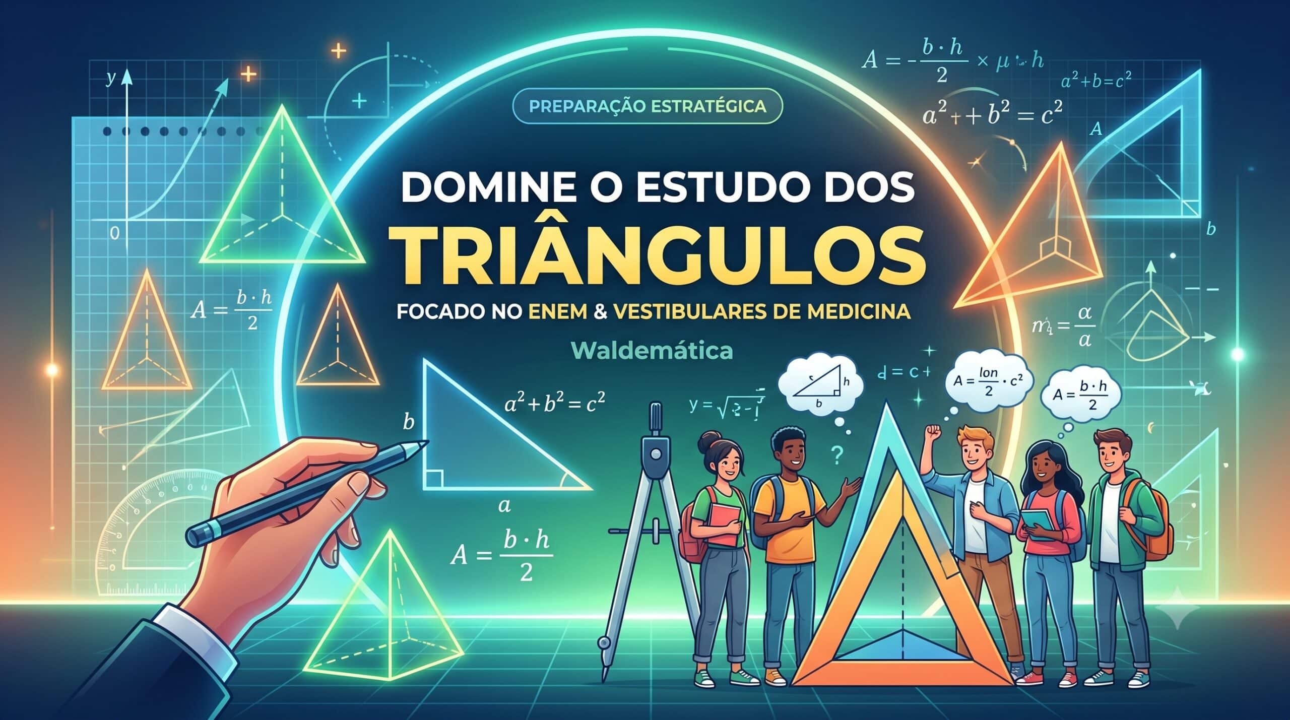 Ilustração educativa com o título "Domine o estudo dos triângulos", mostrando estudantes interagindo com formas geométricas luminosas, fórmulas de área e o Teorema de Pitágoras, representando a preparação estratégica de matemática para o ENEM e vestibulares no blog Waldemática.