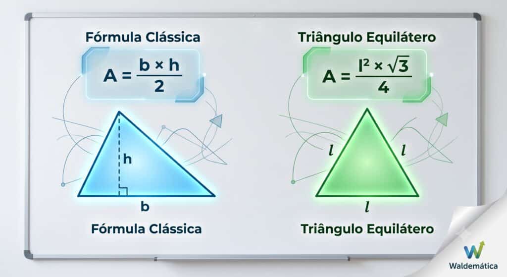 Fórmula da área do triângulo base vezes altura sobre dois e a fórmula do triângulo equilátero.