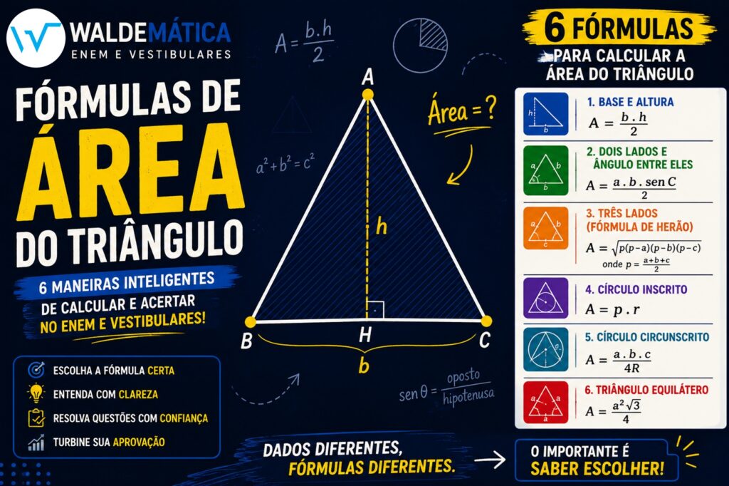 Triângulo com base, altura, lados, ângulo e circunferências destacados ao lado do título Fórmulas de Área do Triângulo.