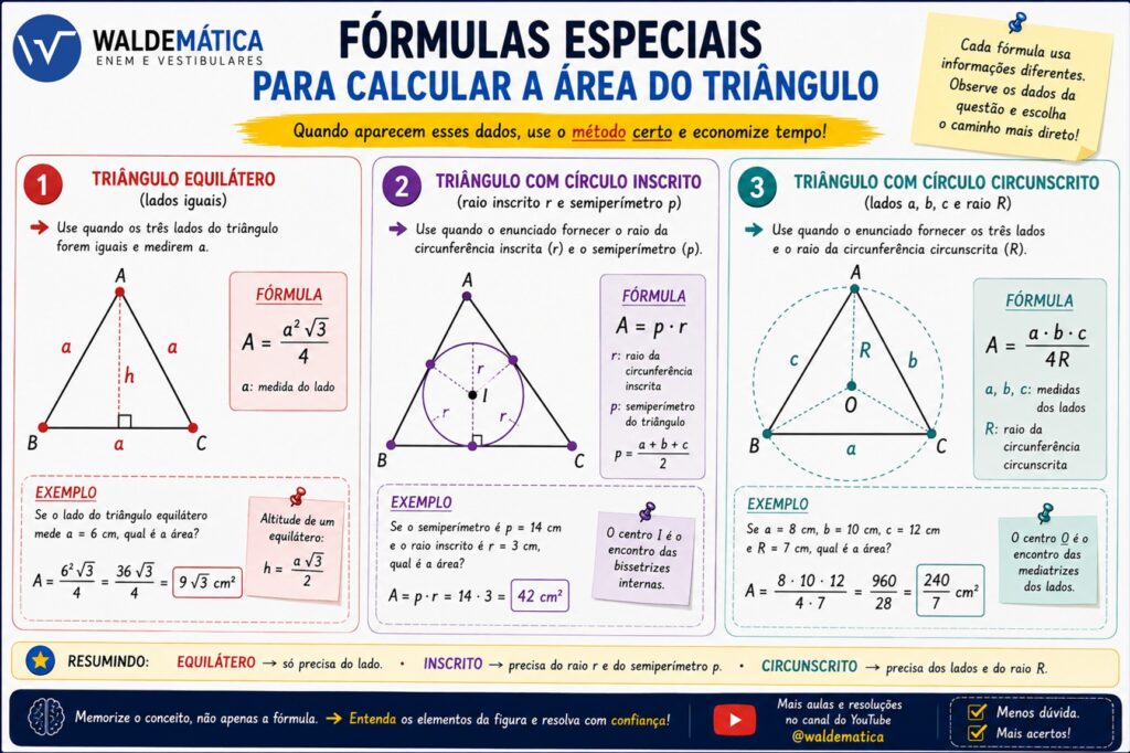 Triângulo equilátero, triângulo com círculo inscrito e triângulo com círculo circunscrito acompanhados de suas fórmulas de área.