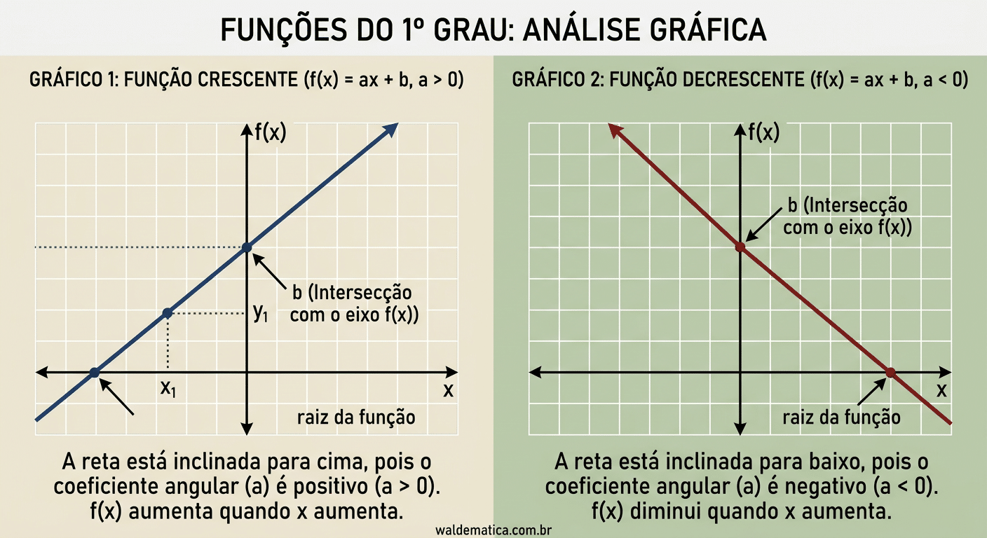 Função do 1º Grau: aprenda a interpretar gráficos, encontrar a lei da função e resolver questões 1 função do 1 grau, retas crescente e decrescente com intersecções com o eixo x e y