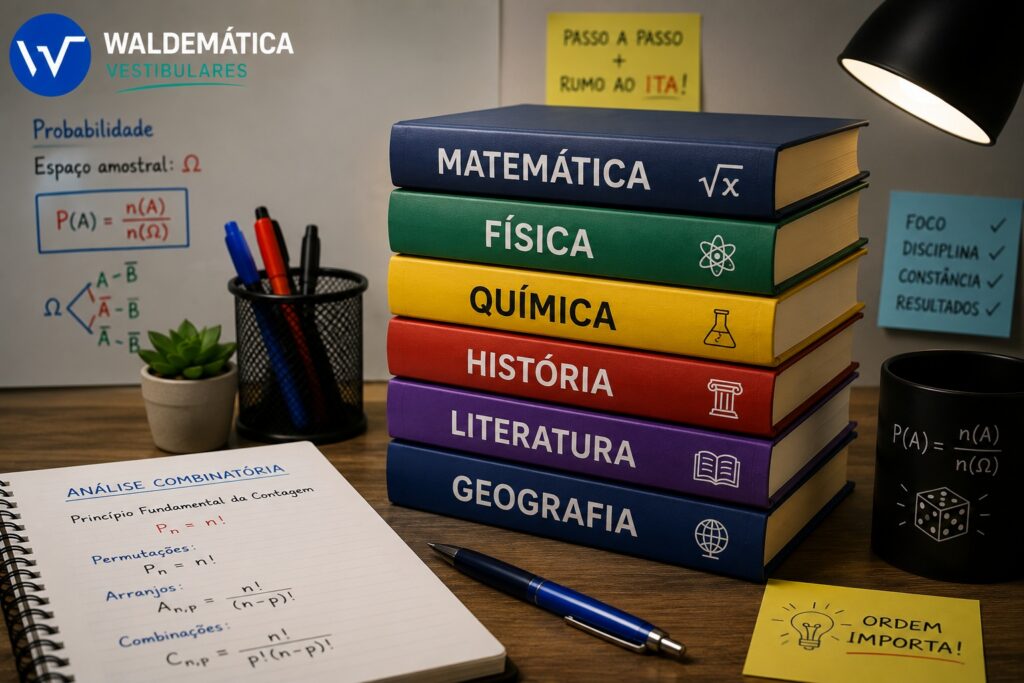 Pilha de livros didáticos coloridos sobre uma escrivaninha.