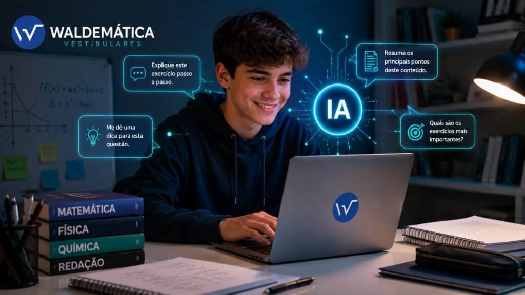 Estudante sorrindo enquanto usa um notebook, com ícones virtuais de inteligência artificial flutuando ao redor da tela.