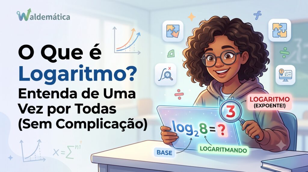 Ilustração digital de uma jovem negra sorrindo, usando uma lupa para explorar uma equação logarítmica em um tablet, ilustrando o título "O Que é Logaritmo? Entenda de Uma Vez por Todas (Sem Complicação)