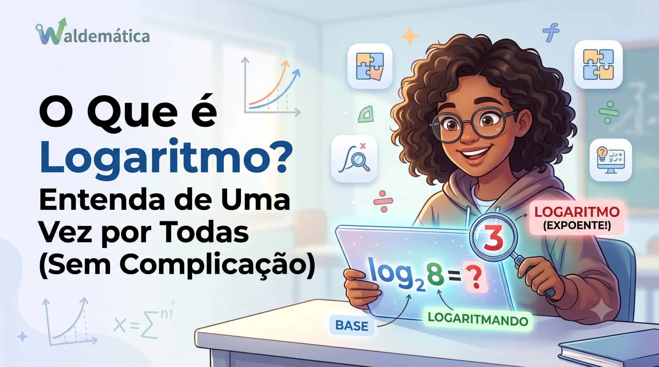 Ilustração digital de uma jovem negra sorrindo, usando uma lupa para explorar uma equação logarítmica em um tablet, ilustrando o título "O Que é Logaritmo? Entenda de Uma Vez por Todas (Sem Complicação)