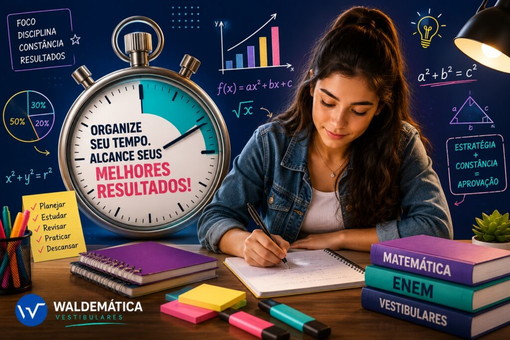 Ilustração de um relógio cercado por símbolos matemáticos, representando a organização de quanto tempo estudar matemática por dia.