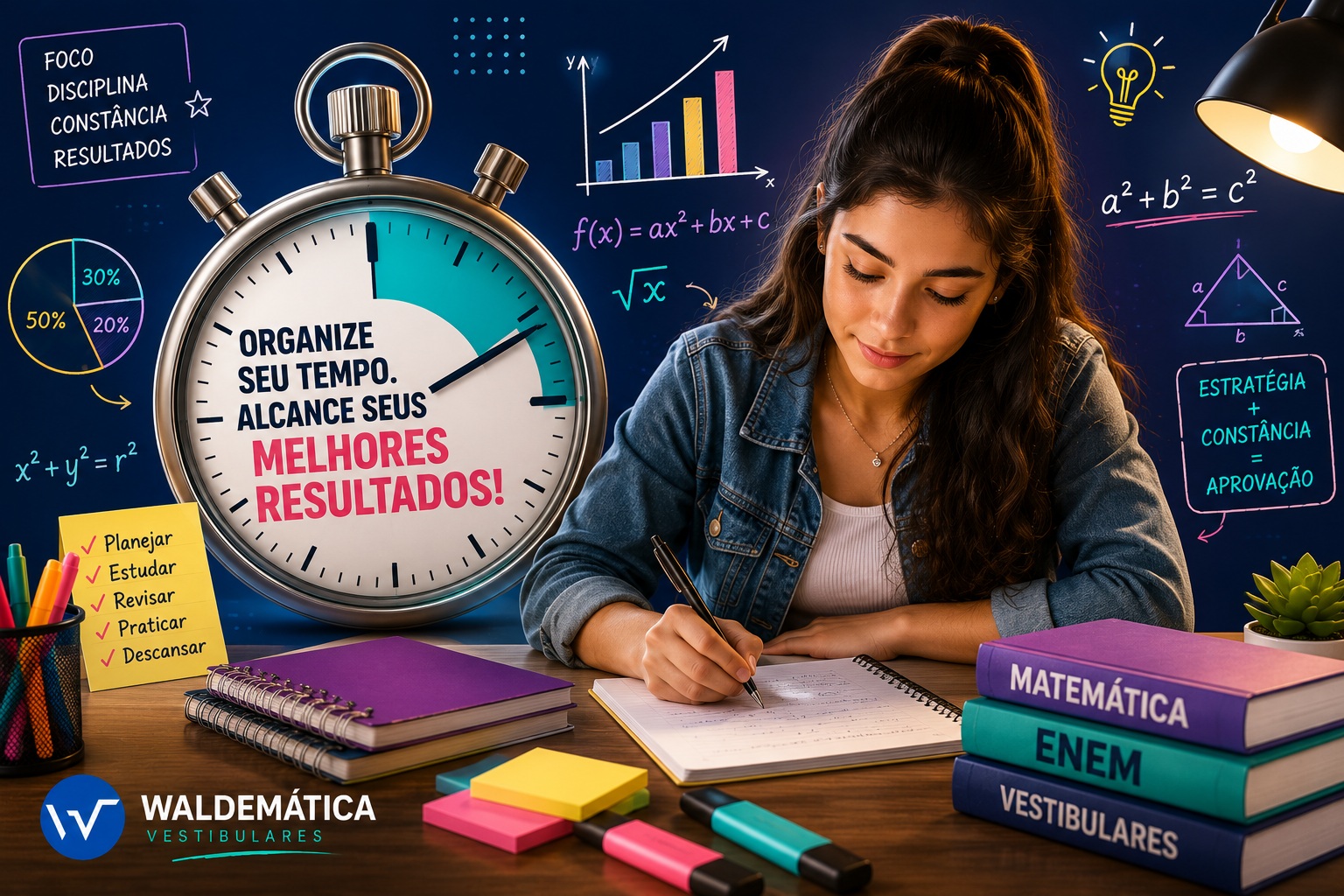 Ilustração de um relógio cercado por símbolos matemáticos, representando a organização de quanto tempo estudar matemática por dia.