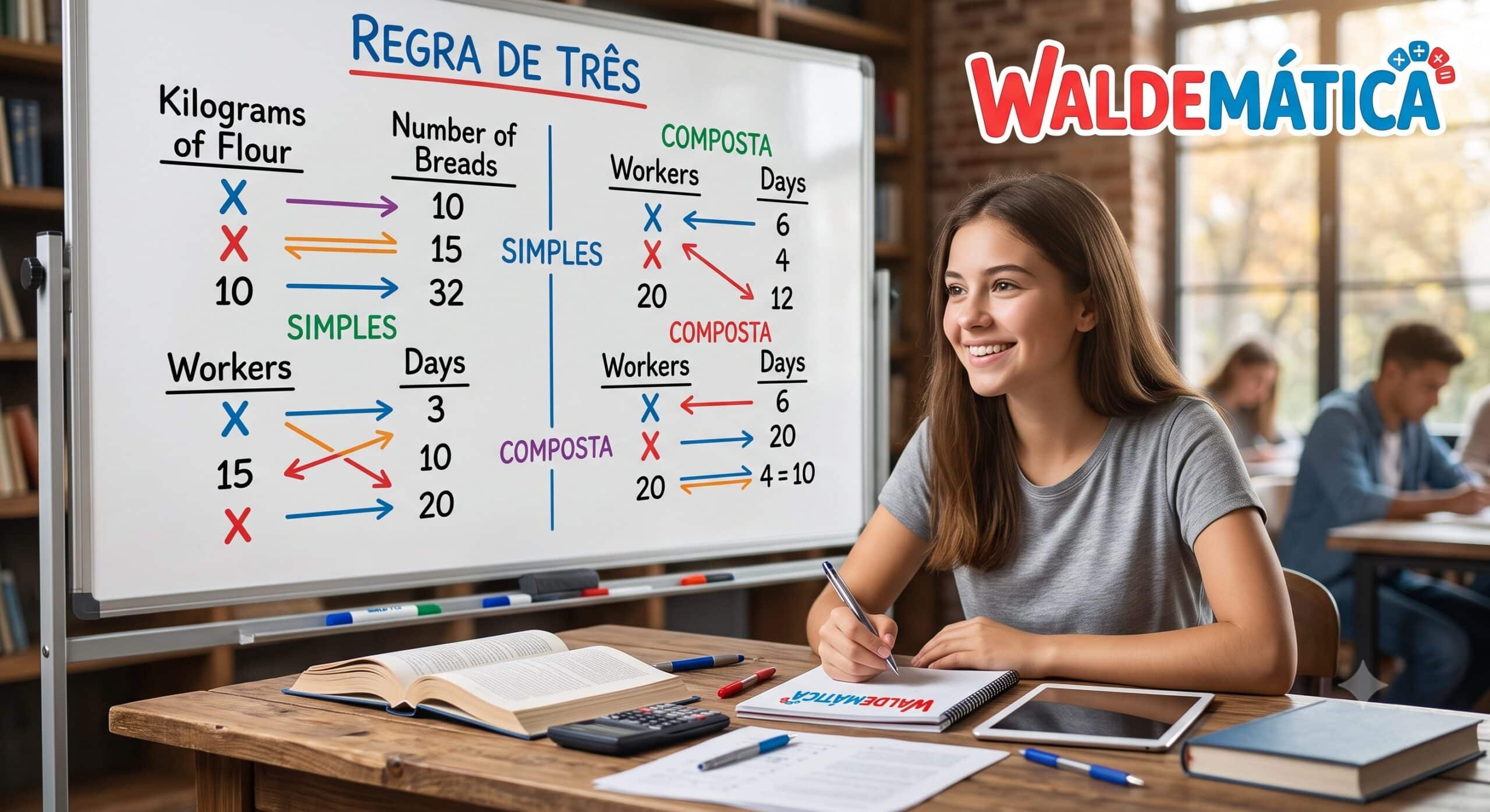 Estudante sorrindo ao lado de um quadro com cálculos de regra de três e setas de proporção, com o logo da Waldemática.
