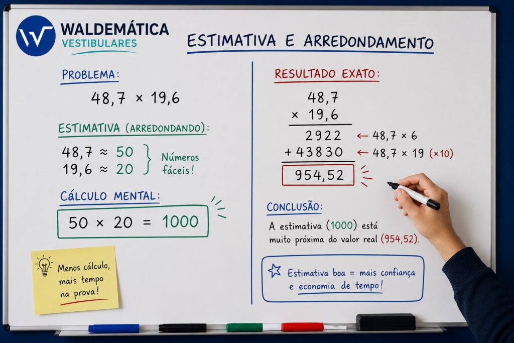 Quadro branco mostrando um cálculo onde números decimais são arredondados para facilitar a multiplicação mental.