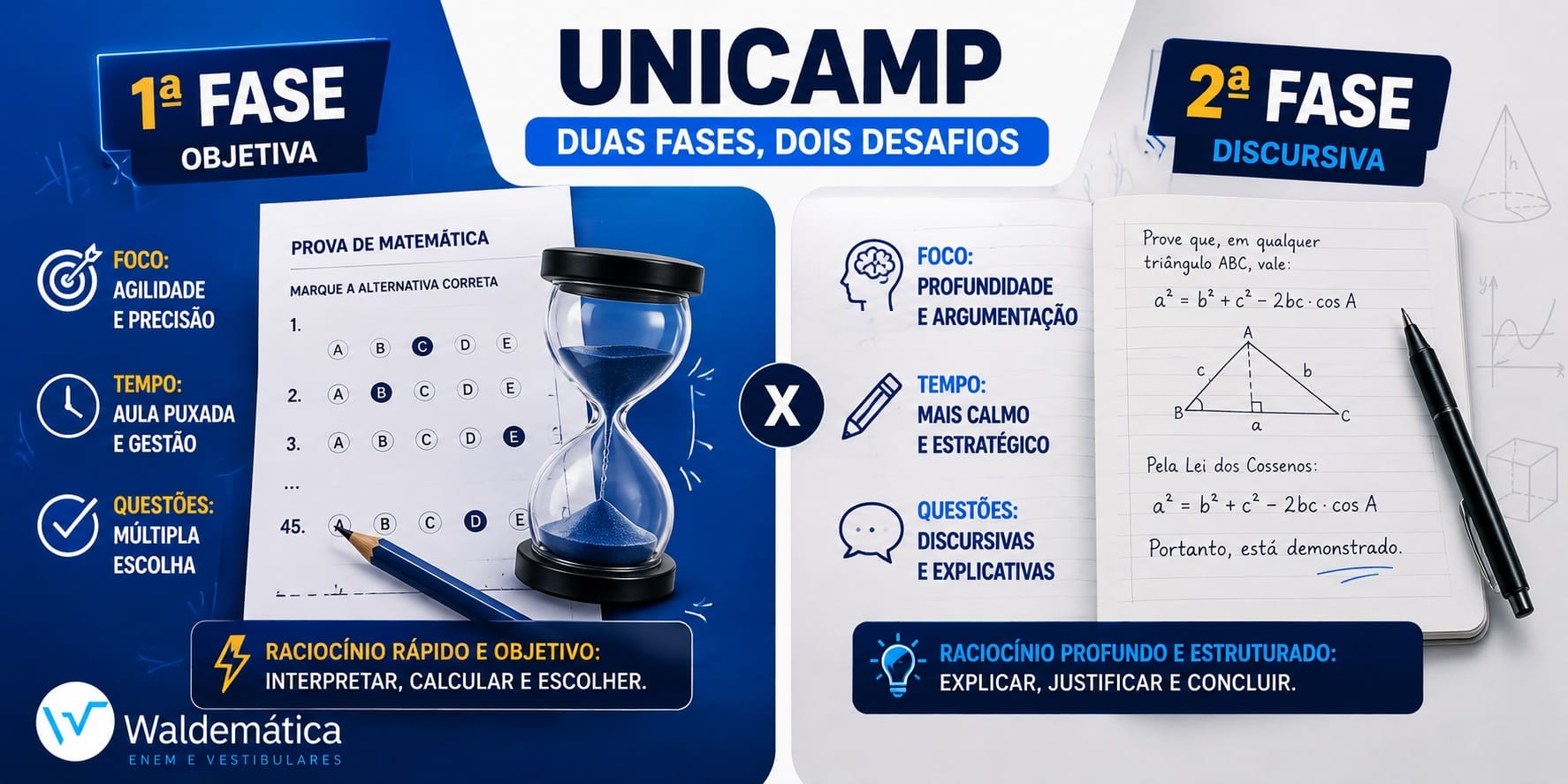 Ilustração dividida comparando um teste de múltipla escolha da 1ª fase com uma prova dissertativa da 2ª fase Unicamp Matemática.