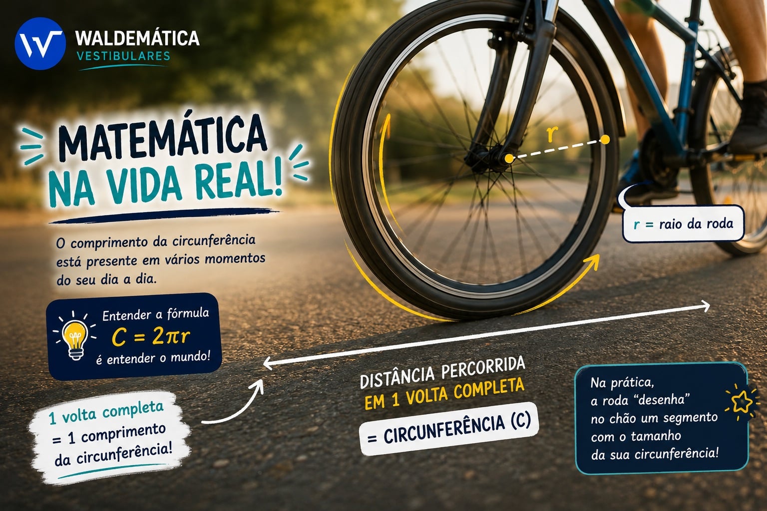 Roda de uma bicicleta em movimento sobre o asfalto, com uma linha reta destacada no chão mostrando a distância percorrida em uma volta completa.