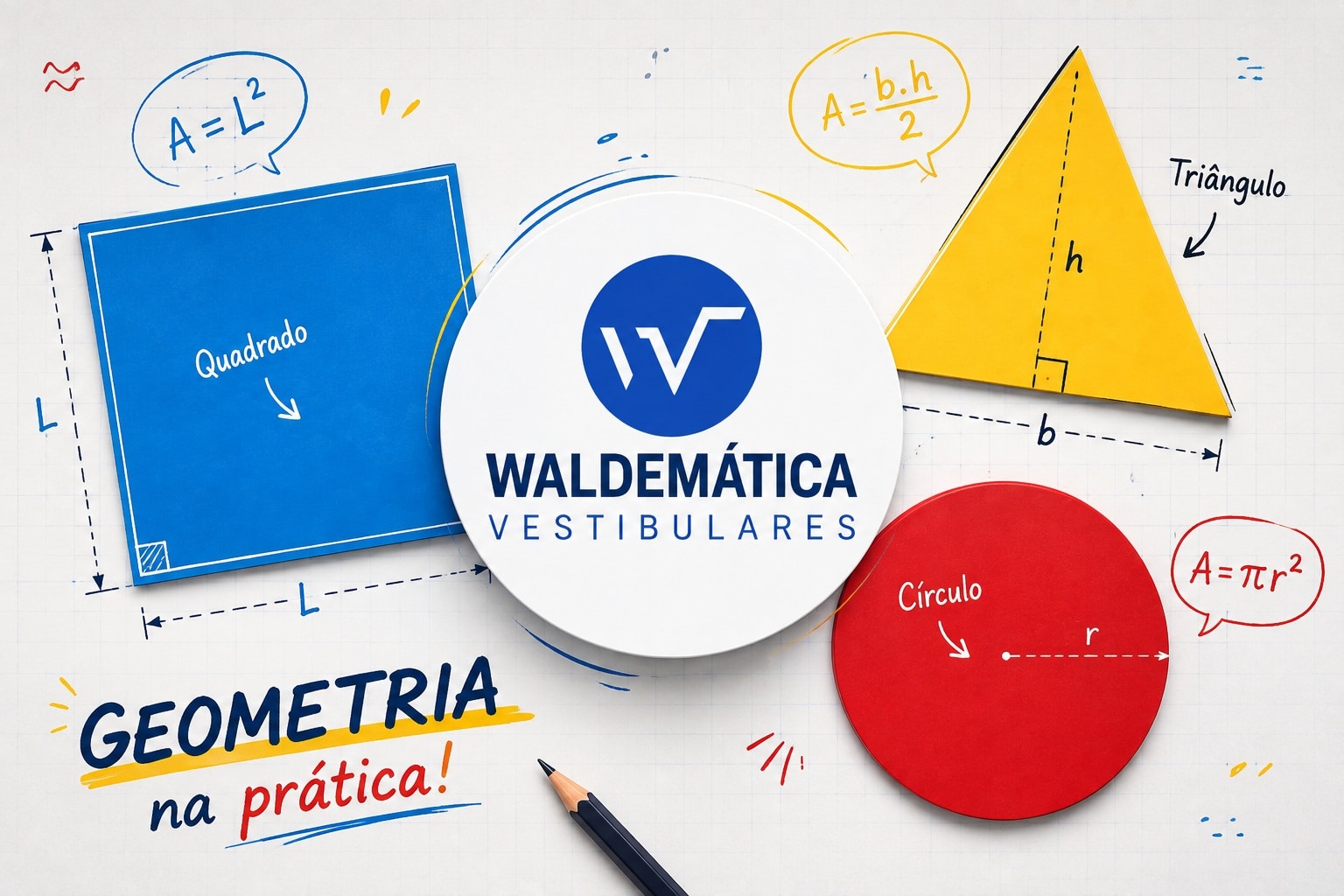 Ilustração colorida mostrando um quadrado, um triângulo e um círculo, com o logo do Waldemática ao centro e fórmulas de áreas de figuras planas ao redor.