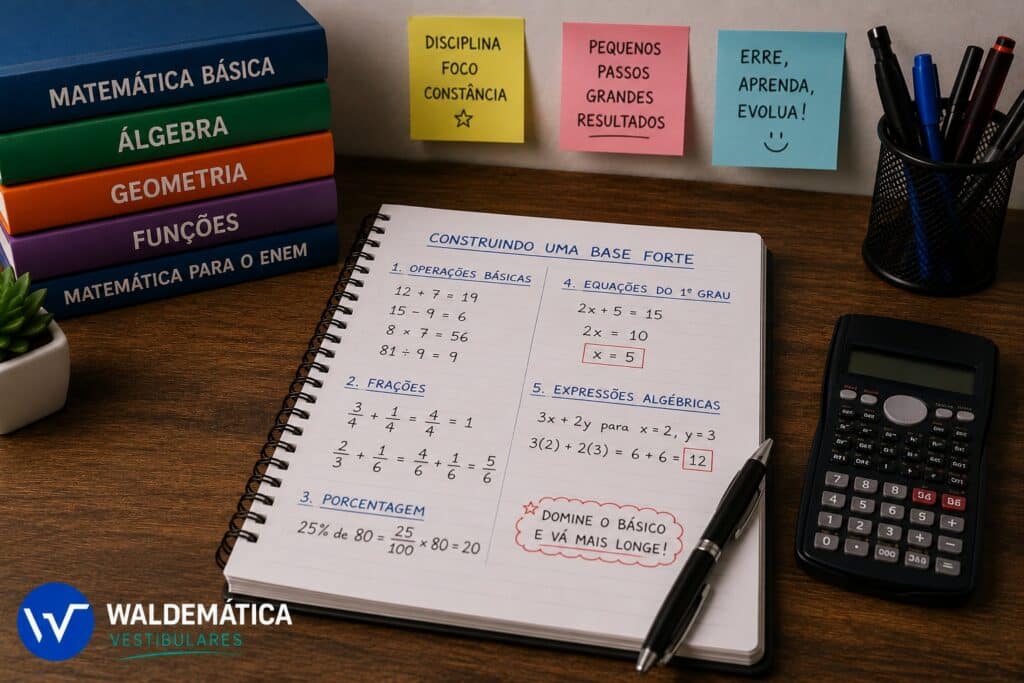 Caderno com anotações de matemática básica, frações e equações, com uma caneta e calculadora ao lado.