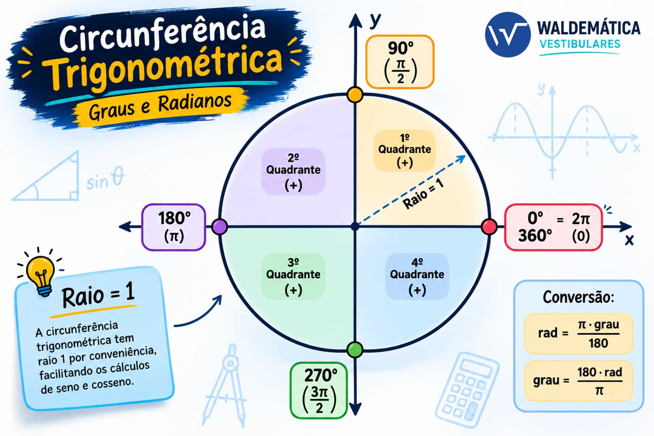 Circunferência trigonométrica destacando as medidas de 0 a 360 graus e de 0 a 2 pi radianos nos quatro quadrantes.