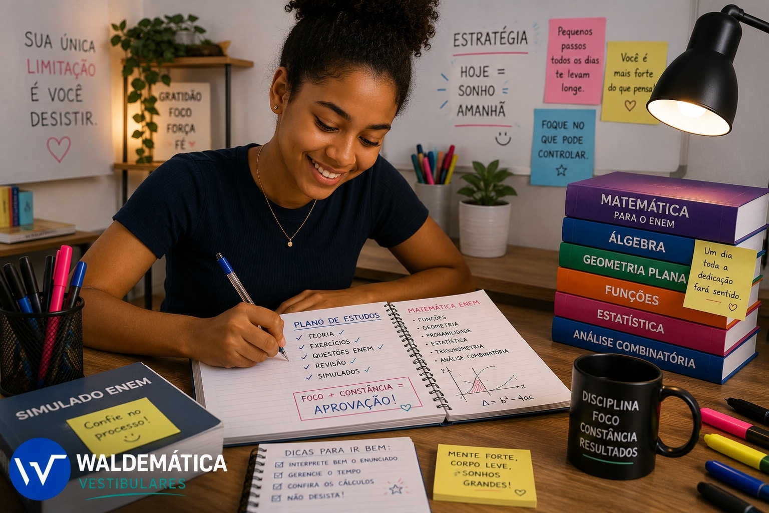 Estudante sorrindo enquanto estuda matemática para o ENEM em uma mesa organizada.