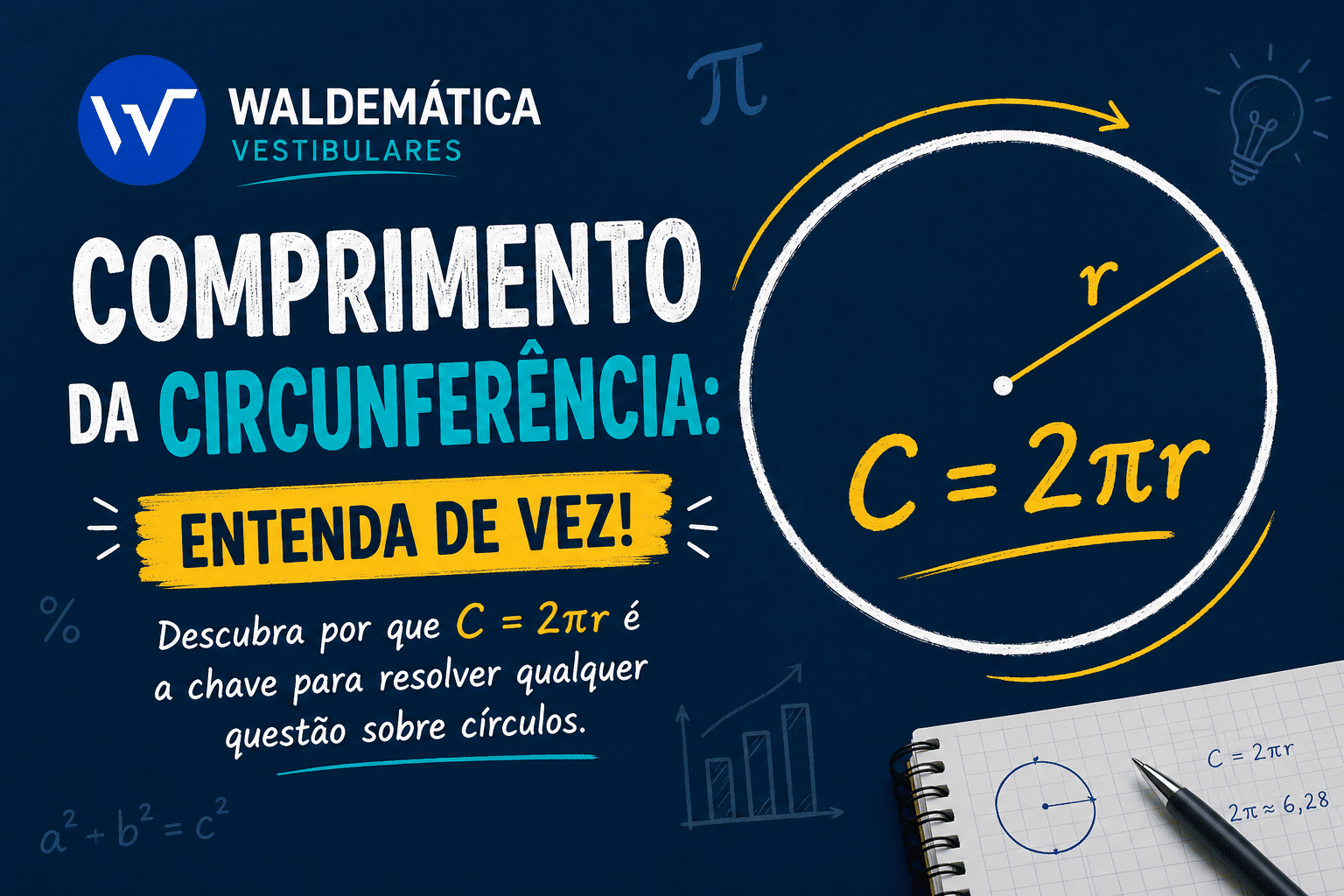 Logo do site Waldemática ao lado de uma circunferência desenhada à mão com a fórmula C = 2πr em destaque.