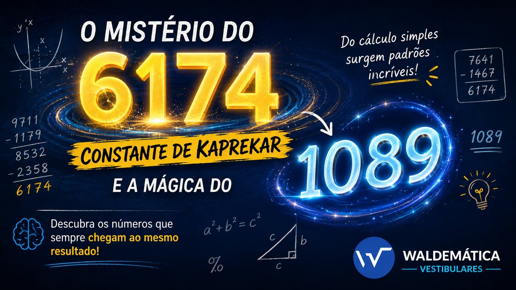 Imagem destacando a Constante de Kaprekar 6174 e o número mágico 1089 em uma composição matemática com padrões numéricos.
