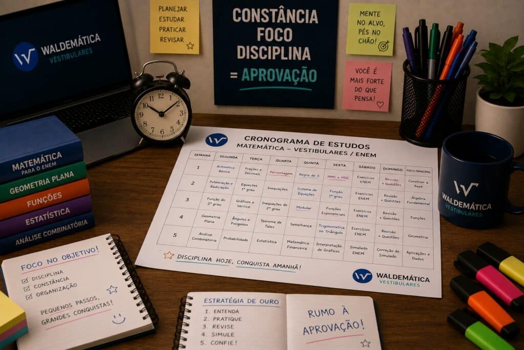 Cronograma de estudos de matemática impresso, focado em vestibulares, com marcadores coloridos.
