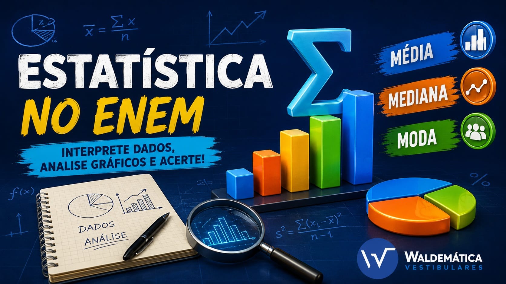 Composição visual sobre Estatística no Enem com gráficos, símbolo de somatório e destaque para Média, Mediana e Moda.