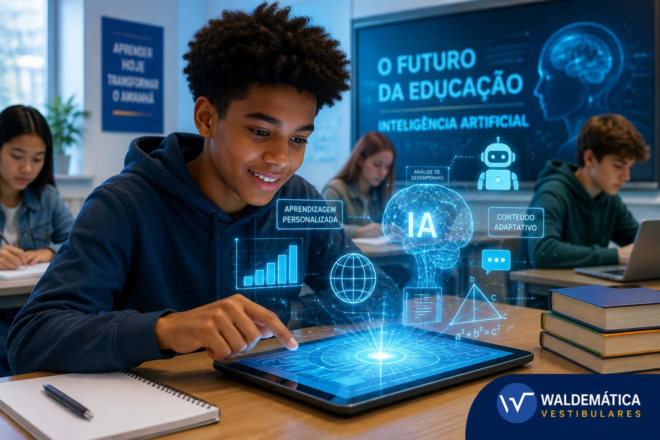 Estudante interagindo com um tablet moderno em uma sala de aula iluminada, representando o futuro da educação com inteligência artificial.